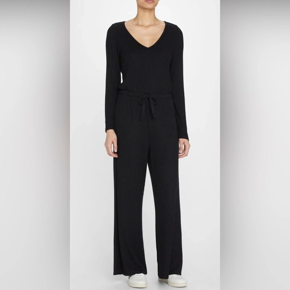 Beyond Yoga Jumpsuit Womens Large Ribbed Knit Stretch Vneck Long Sleeve Black - Picture 1 of 12